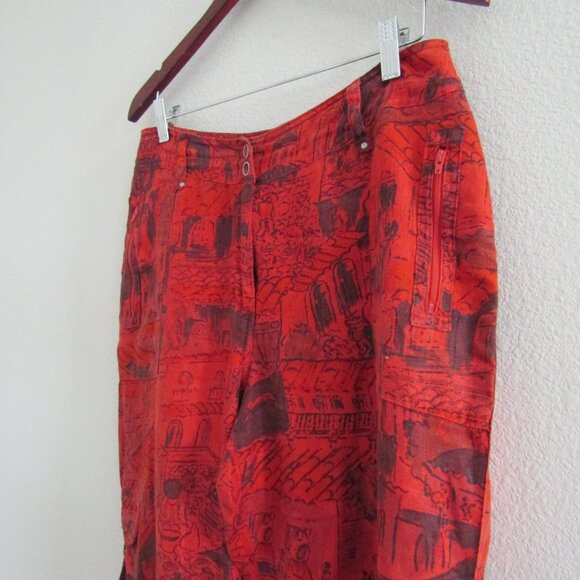 Chico's Vintage Linen Pants 1 Red Printed Coastal Artsy Cargo Boho Lagenlook - Picture 6 of 12